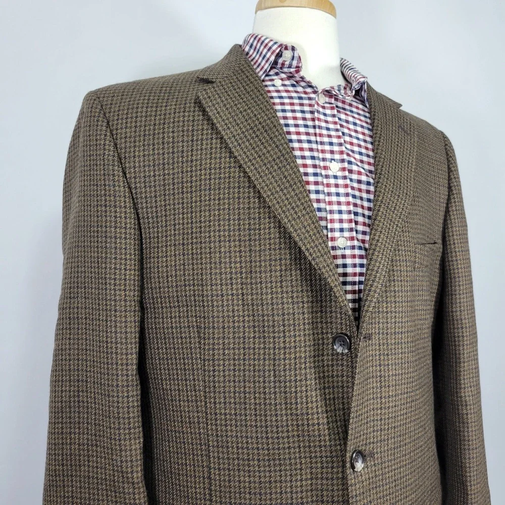 Stafford Essentials Mens Sport Coat Three‎ Button Brown Houndstooth Wool 44L